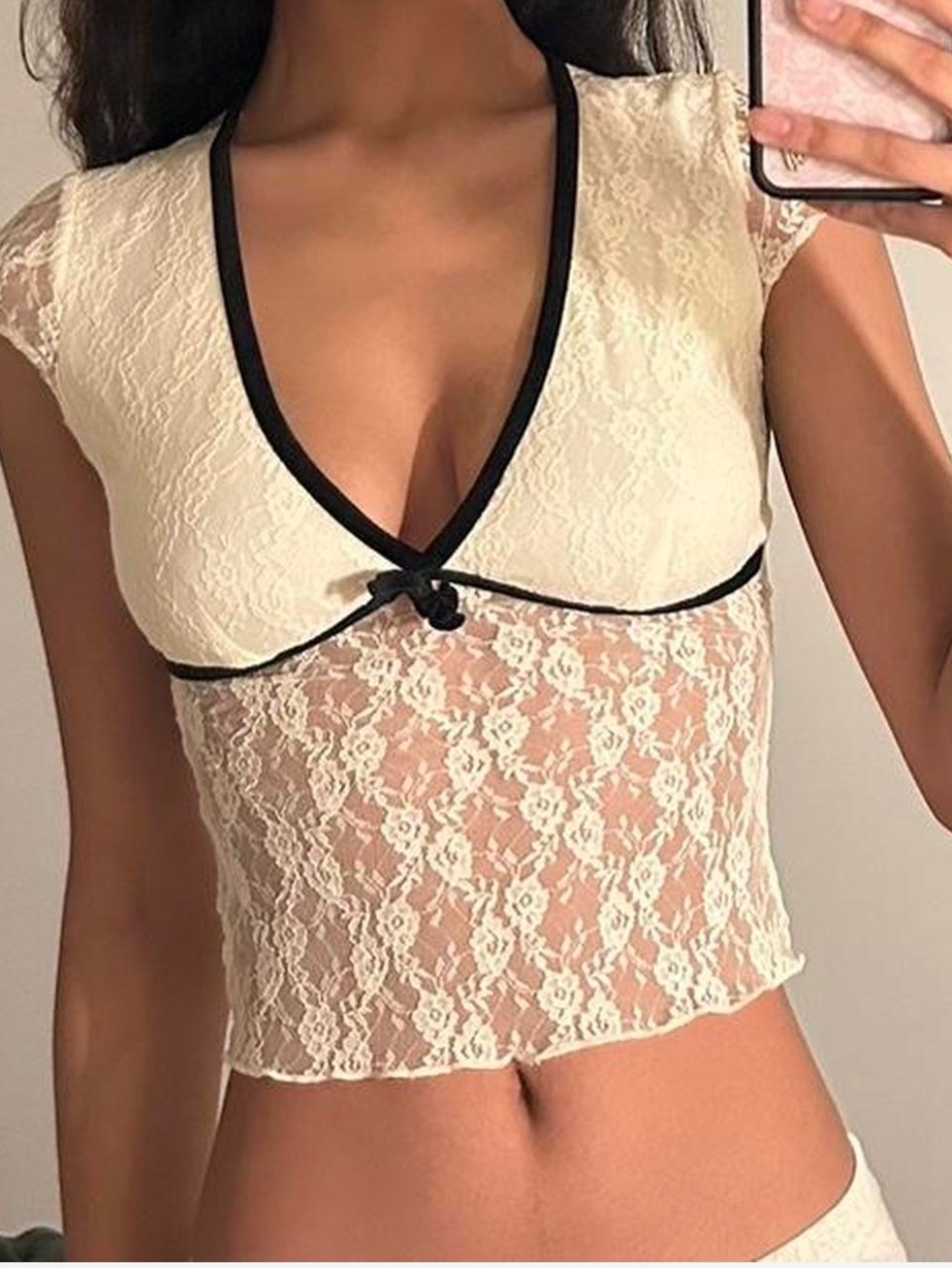 Urban Outfitters Ivory Lace Crop Top with Black Trim